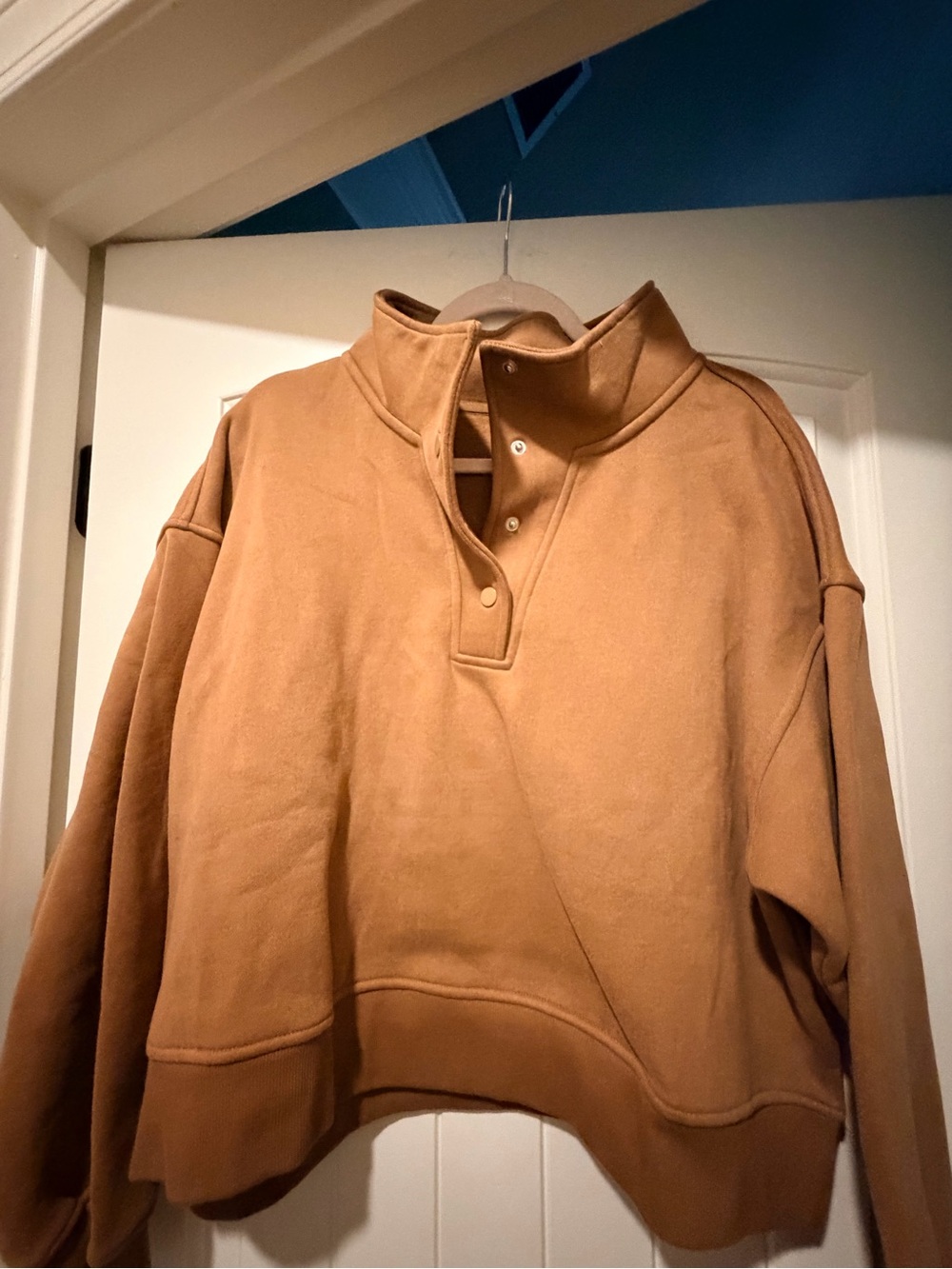 Women's Cropped Snap-Front Pullover Hoodie in Tan